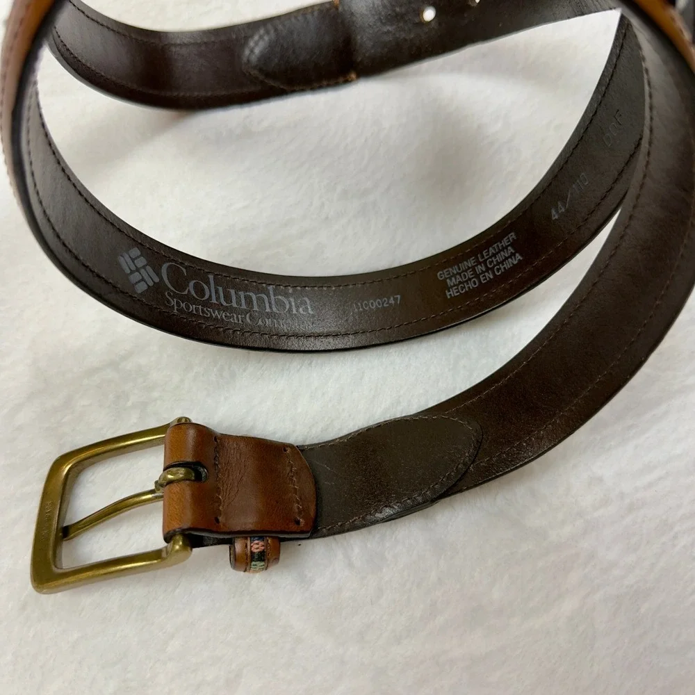 Columbia Brown Leather Belt Aztec Woven Tapestry Brass Buckle 44 L Gorpcore